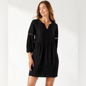 Tommy Bahama St Lucia Linen Black Eyelet Boho Tunic Dress Medium